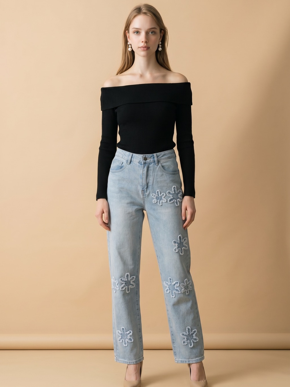 Light Blue Floral-Appliqué Straight-Leg Jeans - Picture 2 of 15